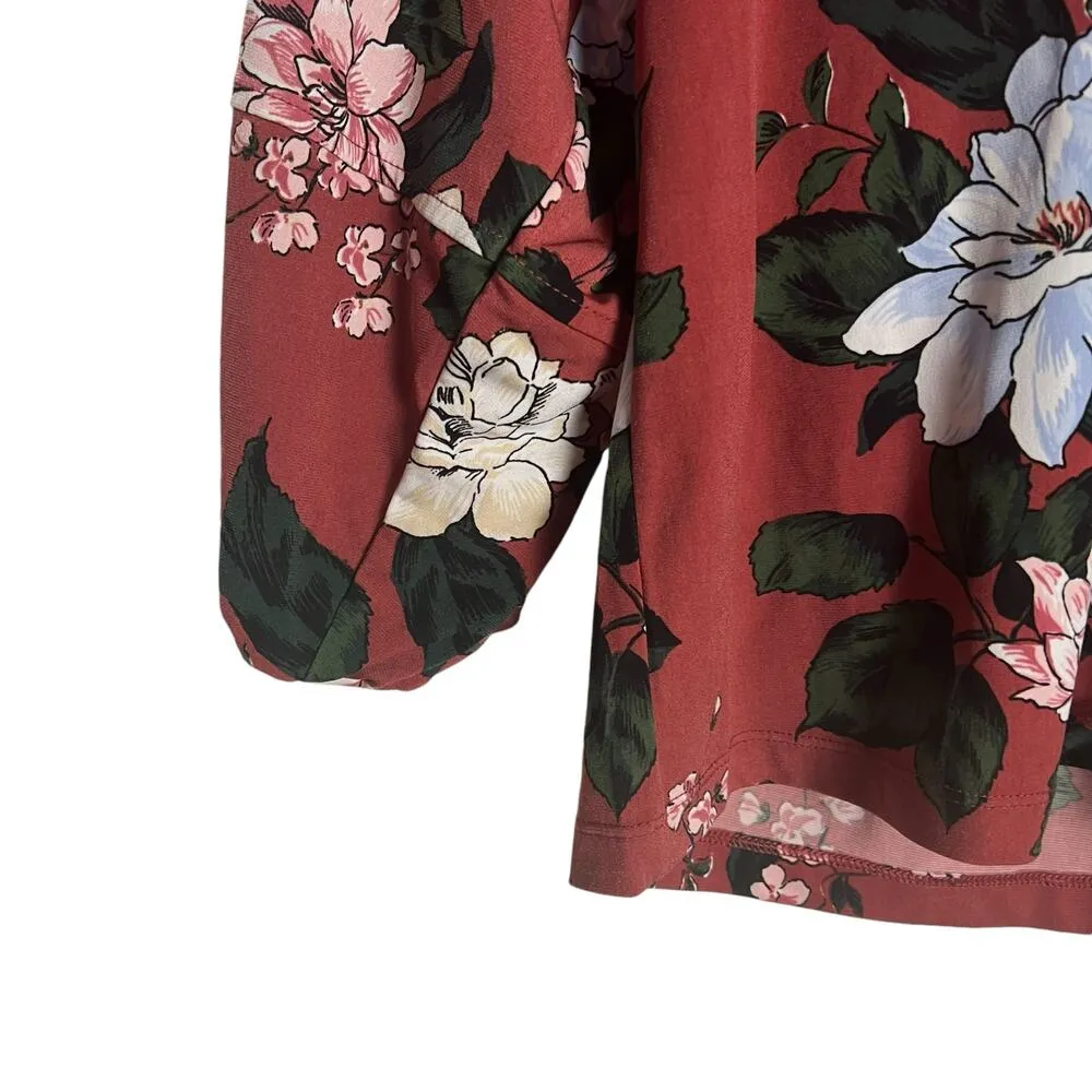 Banana Republic Red Floral Print 3/4 Long Sleeve Split V-Neck Popover Blouse XS - Image 5