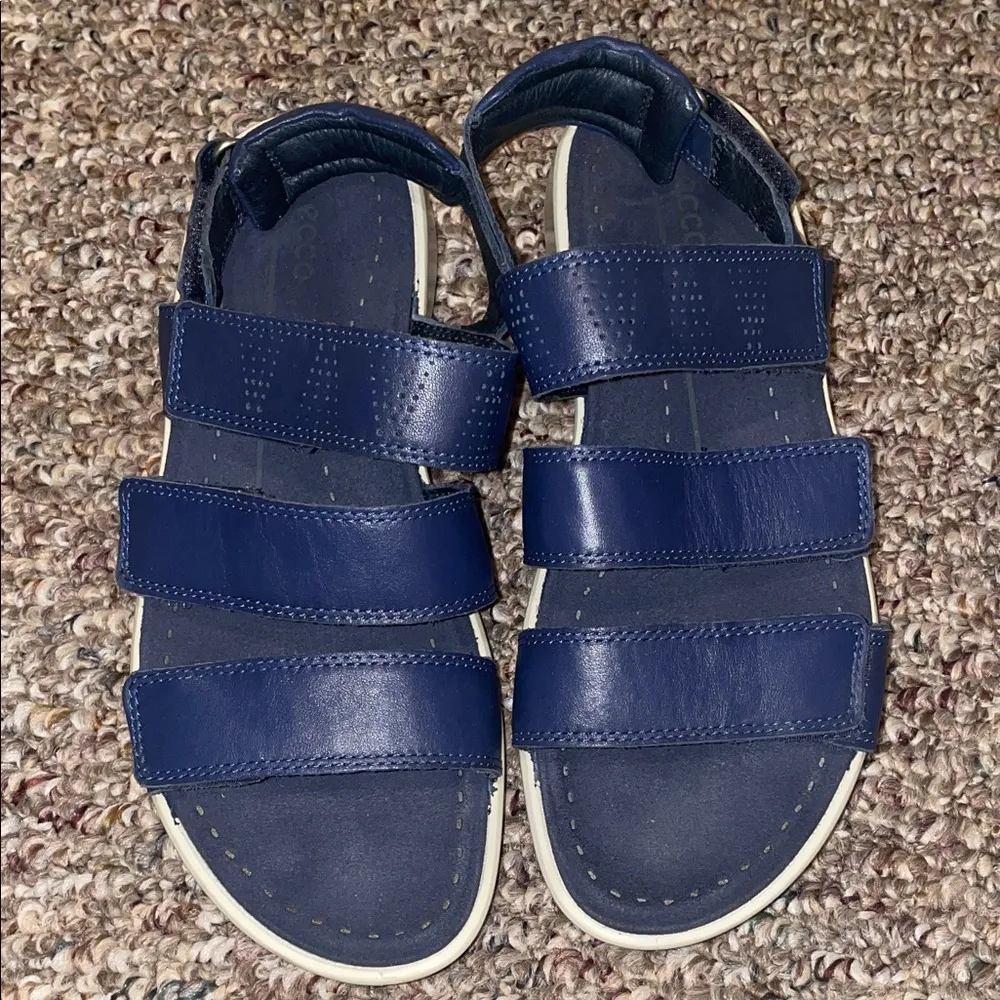 Womens Ecco Babett Three Strap Blue Leather Sandals - Image 2