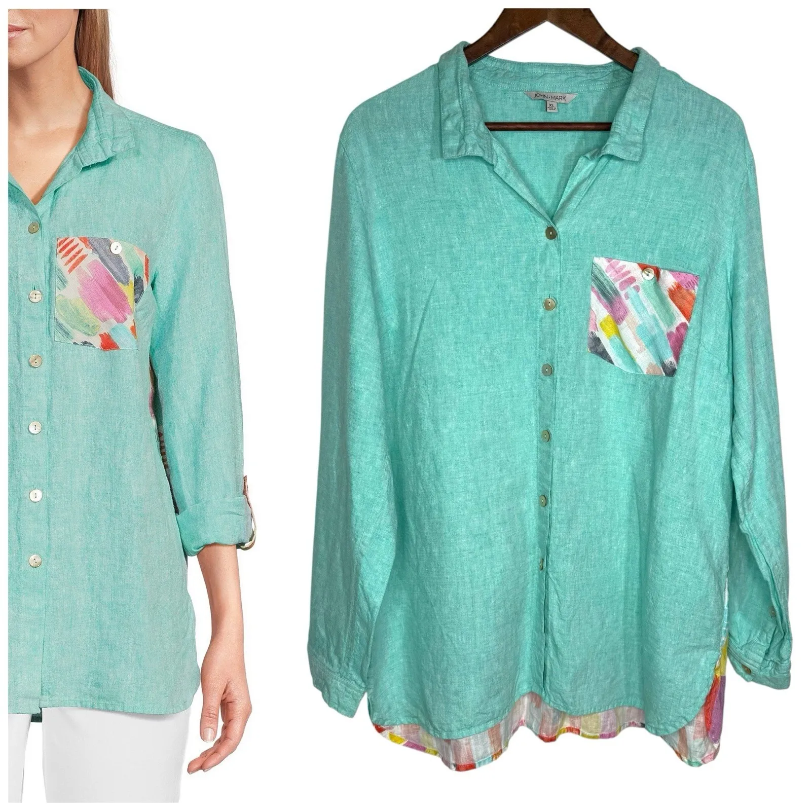 John Mark XL Linen Shirt Top Aqua Blue‎ Green Casual Artsy Lagenlook Roll Tab - Image 2