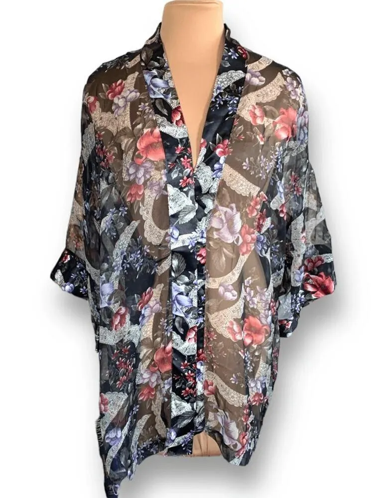 Vintage 90s Victoria’s Secret Sheer Floral Kimono Robe One Size Lace Print - Image 2