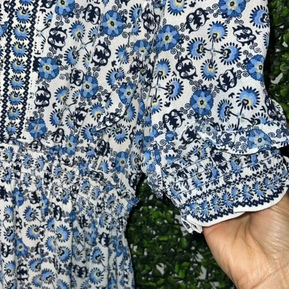 Max Studio Dress L VNeck Elbow Sleeve Boho Floral Print Tiered Maxi Flowy Casual - Image 3