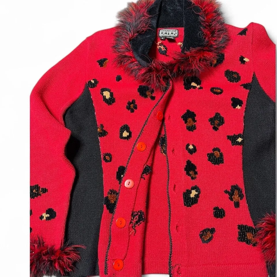 Berek Vintage Animal Print Red Cardigan Furry Accents size S - Image 3
