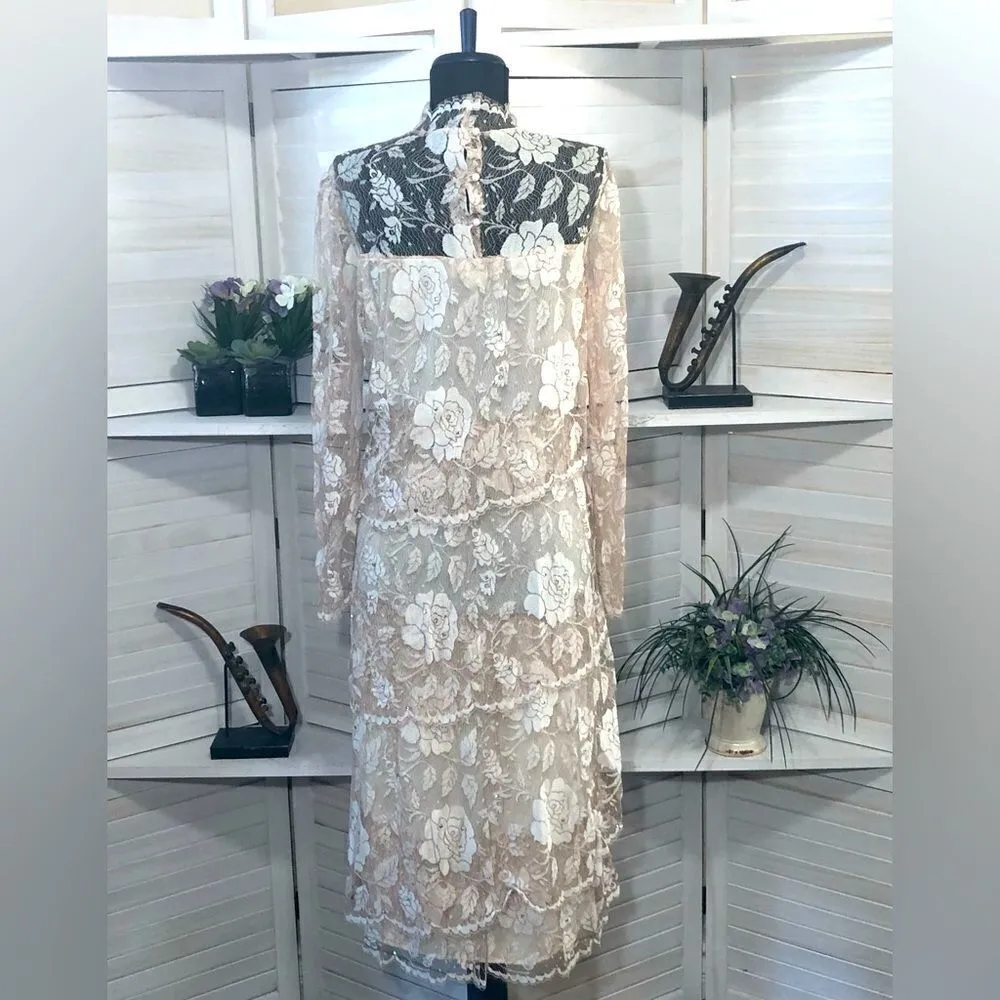 Rina Di Montella Vintage Lace Dress Pink Rhinestones Beaded Roses 12 - Image 3