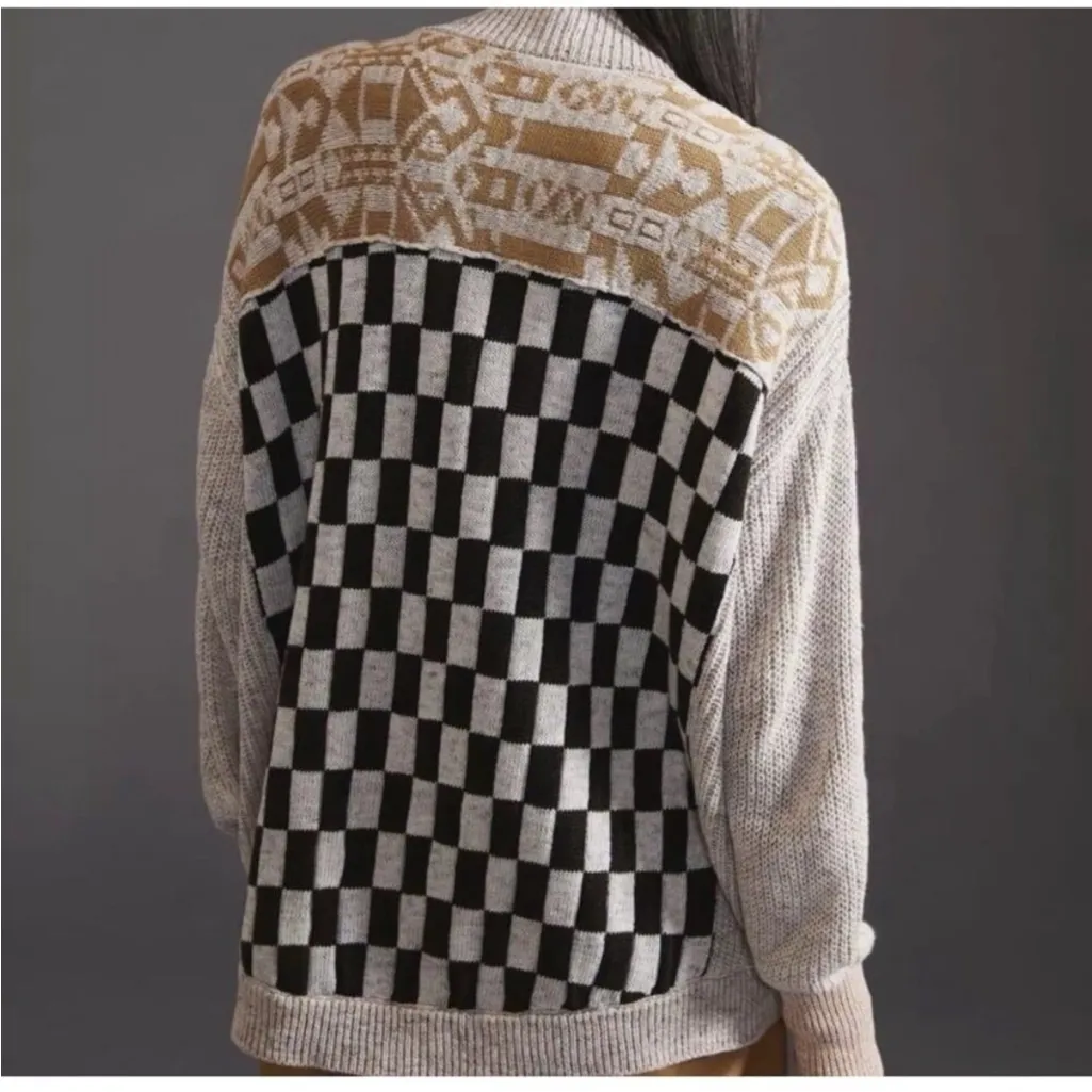 Anthropologie PILCRO Mash-up Colorblock Checkered Star Cardigan Sweater - Small - Image 5