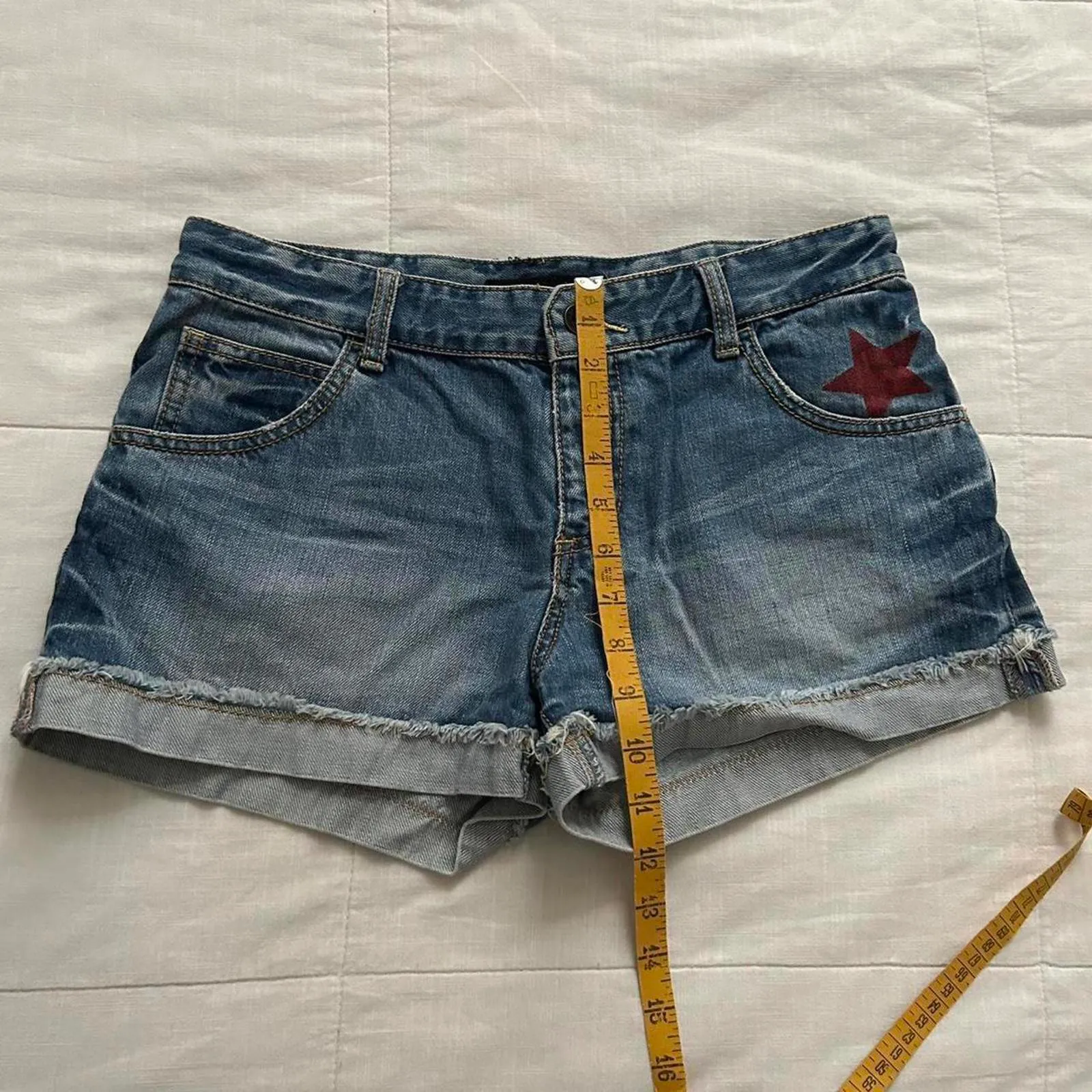 Japanese brand blue denim shorts with red star print Size xs - Image 8