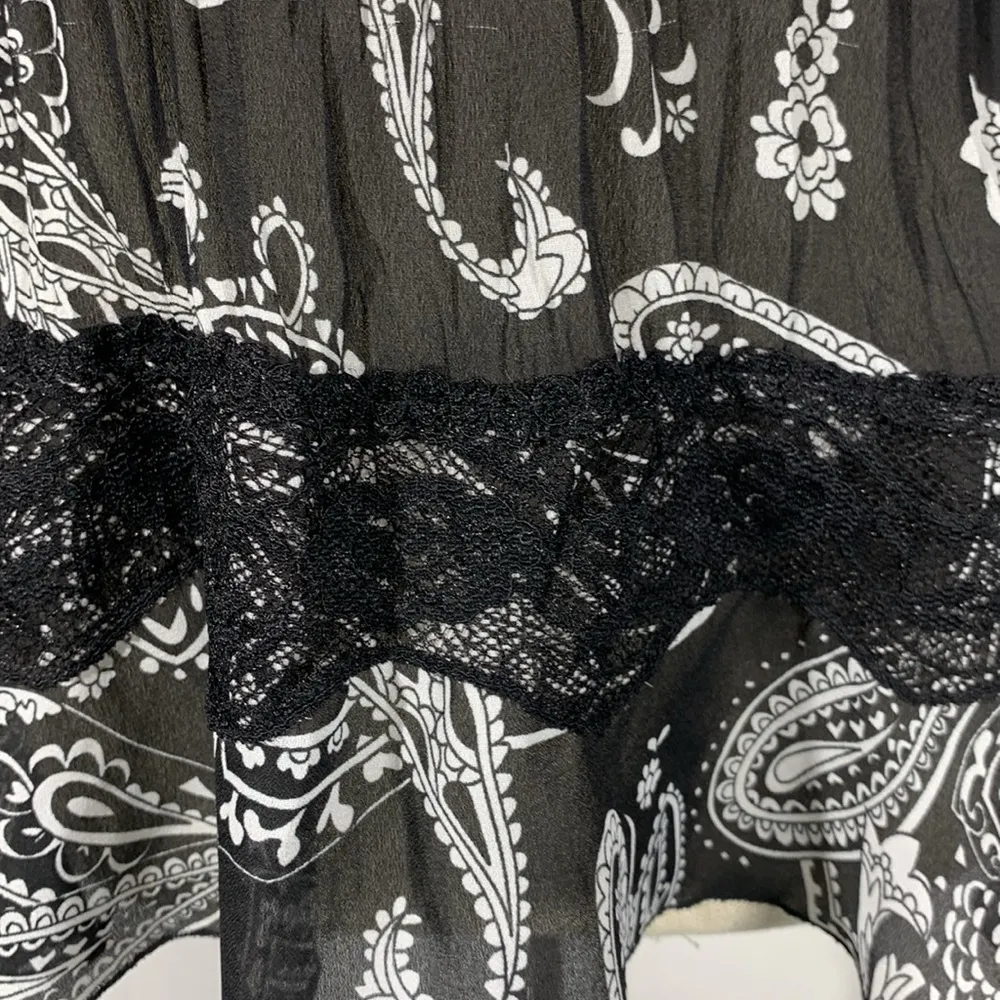 Black White Semi Sheer Paisley Print Long Sleeve Blouse Size Large - Image 4