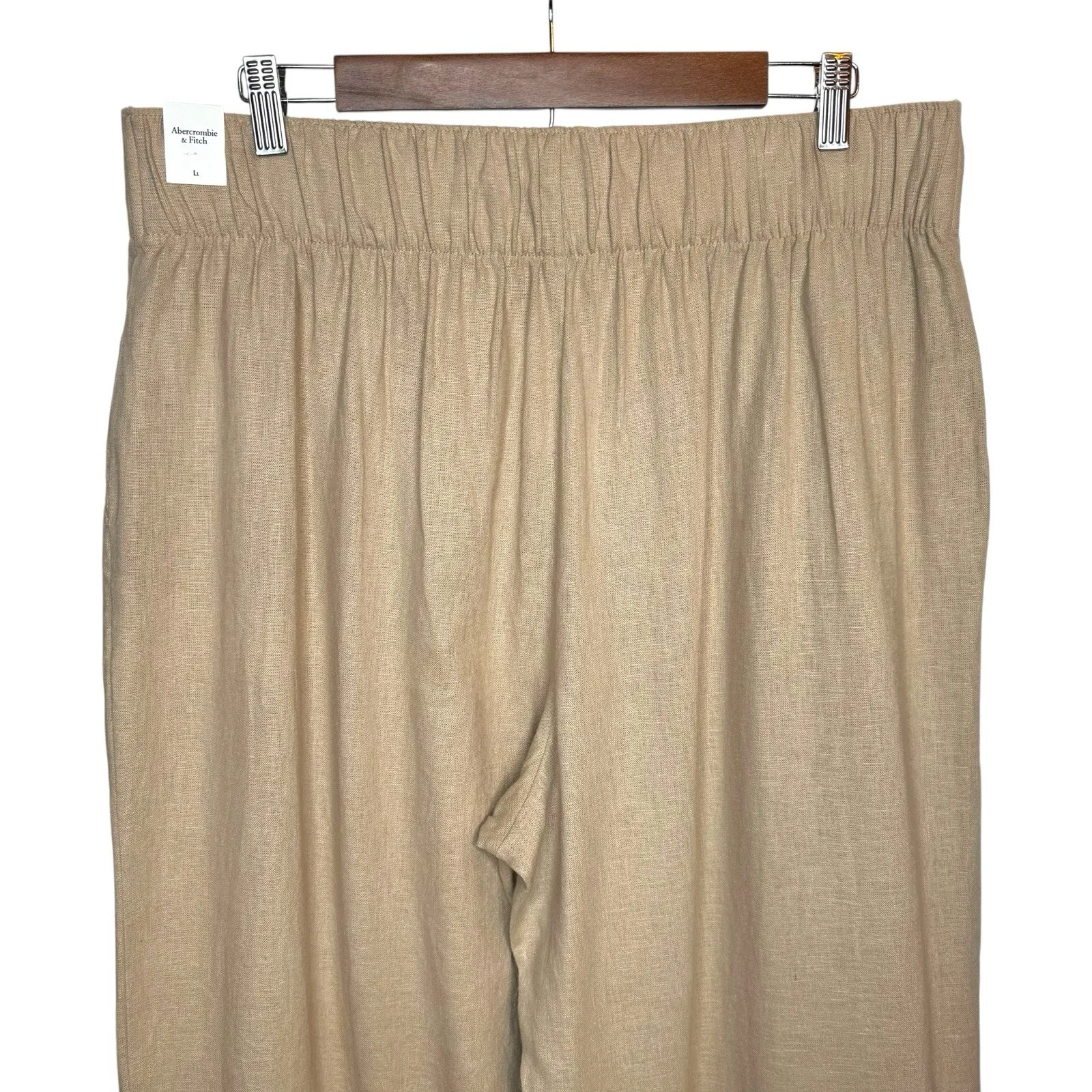 NWT Abercrombie & Fitch Linen Pleated Pull‎ On Wide Leg Trouser Pants L Long Tan - Image 5
