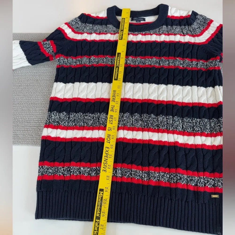 Tommy Hilfiger Navy Blue White Red Striped Cable Knit Crewneck Sweater Sz Large - Image 10