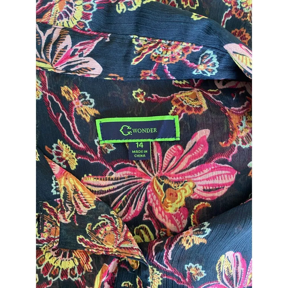 C Wonder Blue Floral Button Up Long Sleeve Cover Up Kimono Sheer Maxi Dress 14 - Image 4