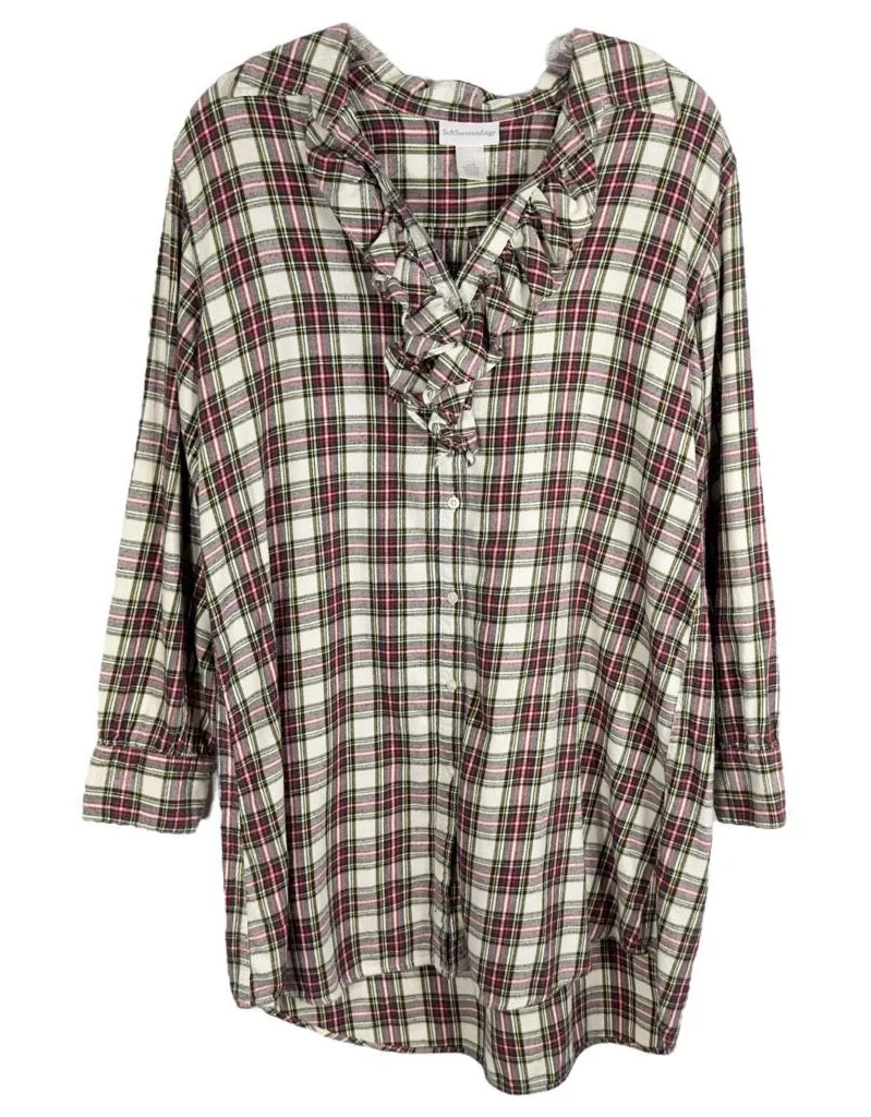 Soft Surroundings Small Dress Shift Tunic Plaid Flannel Ruffle Red White 337 - Image 1