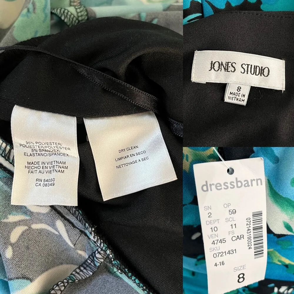 Jones Studio Dress Blue Green Floral 8 V-Neck Sleeveless Side Zip New - Image 9