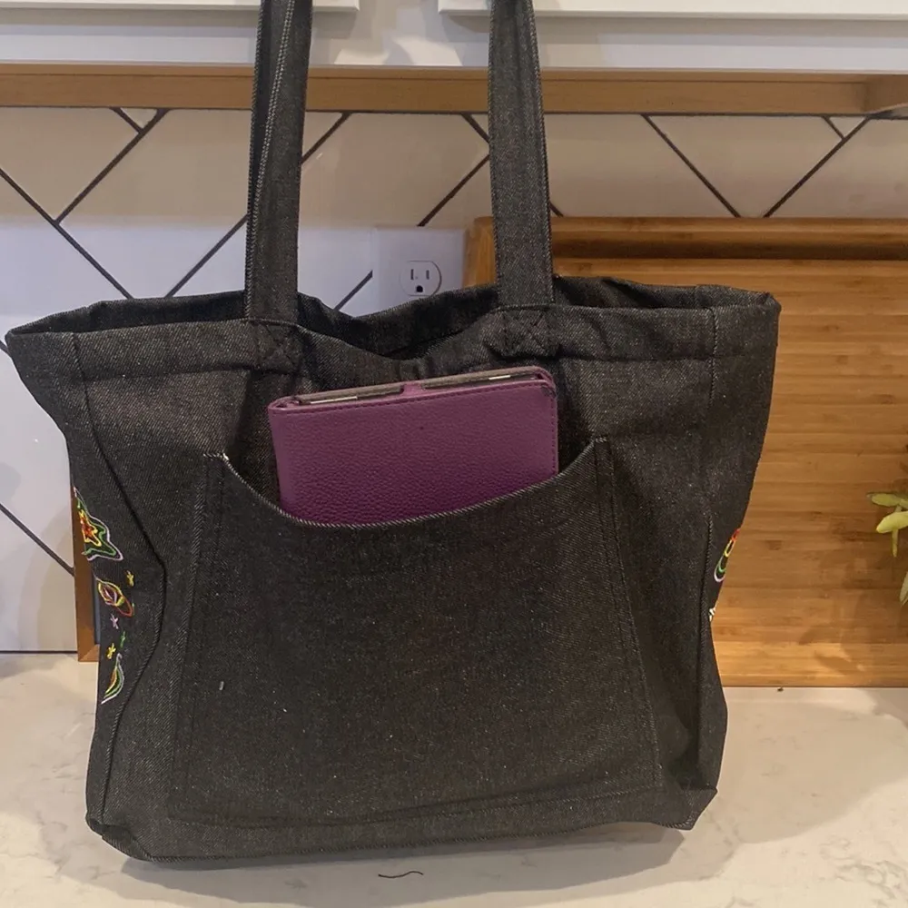 Groovy Trippy Heart lightweight canvas tote bag book bag shoulder bag hippie Y2K Black - Image 7