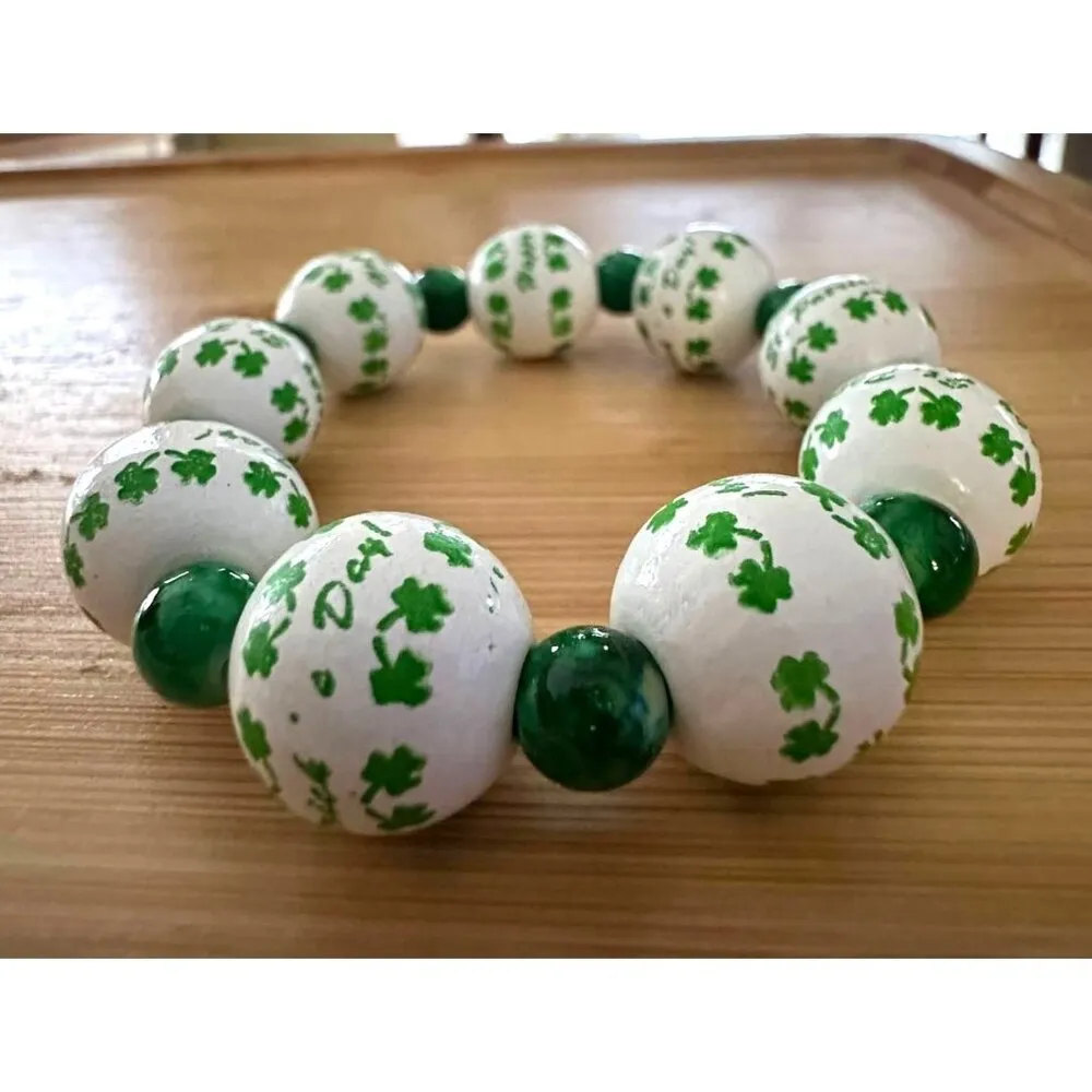 Happy St Patricks Day Shamrock Wood Beaded Stretch Bracelet Marbled Acce… Green - Image 8