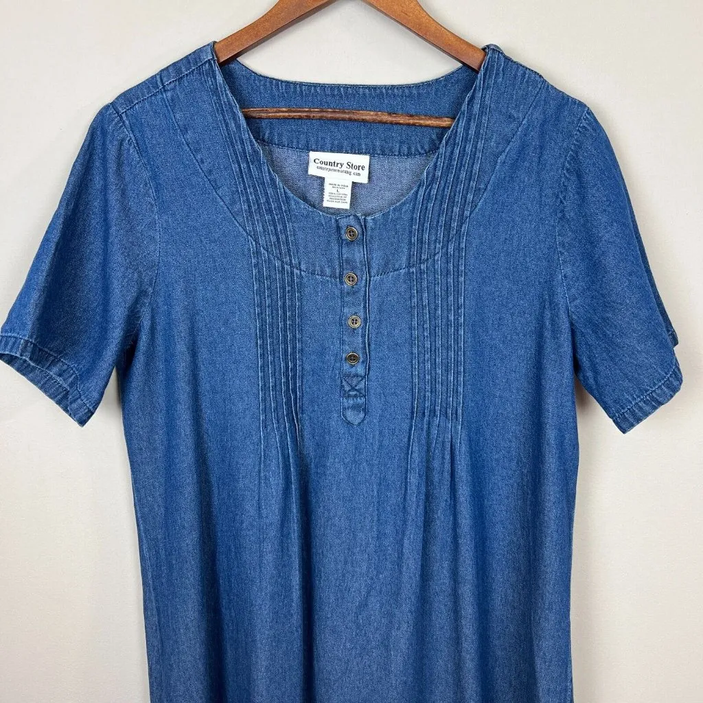 Country Store Denim Dress Large Blue Embroidered Floral Pintucked Knee‎ Length - Image 2