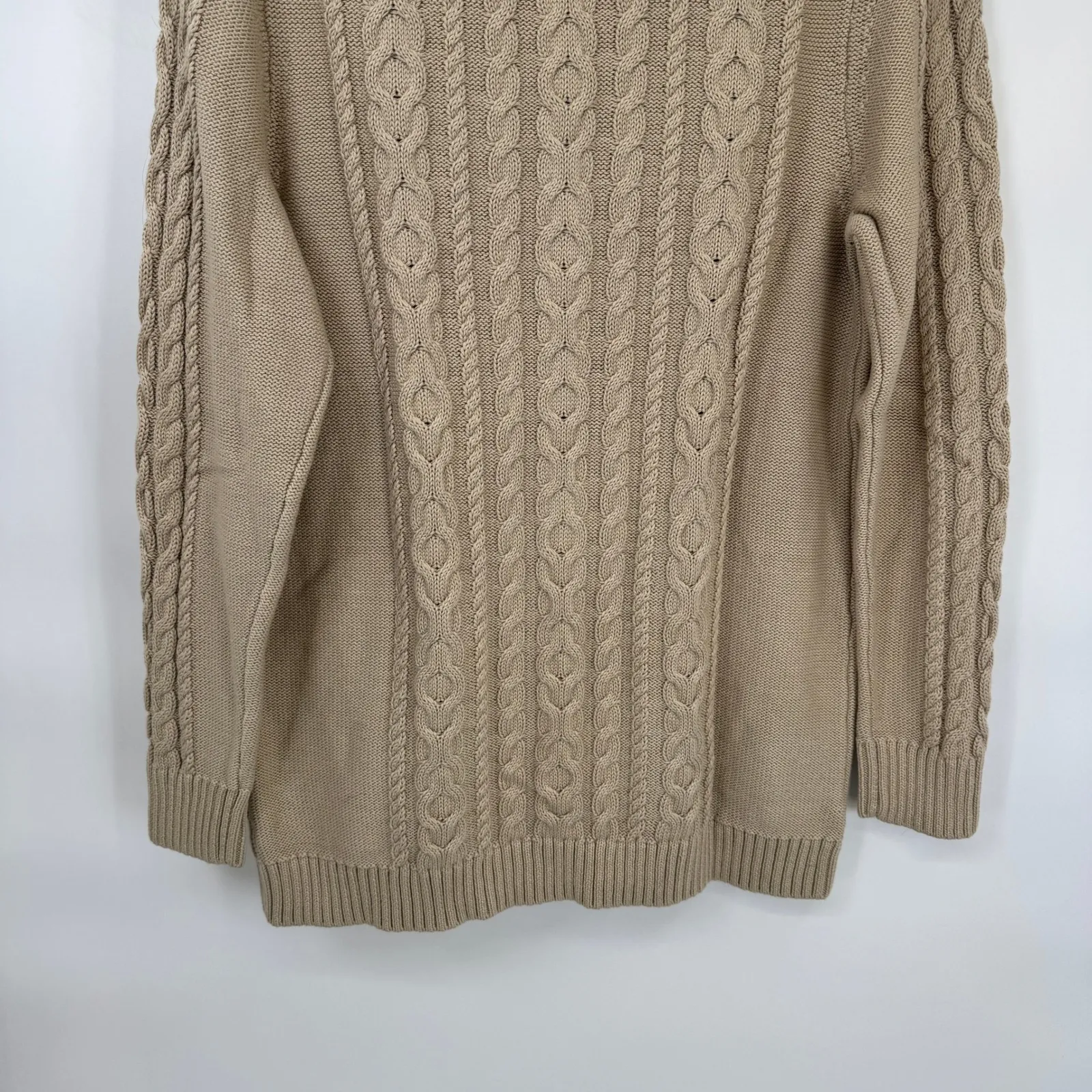 LL Bean Button Front Cable Knit Cardigan Sweater Women L Tan Cotton Shawl Collar Size L - Image 11