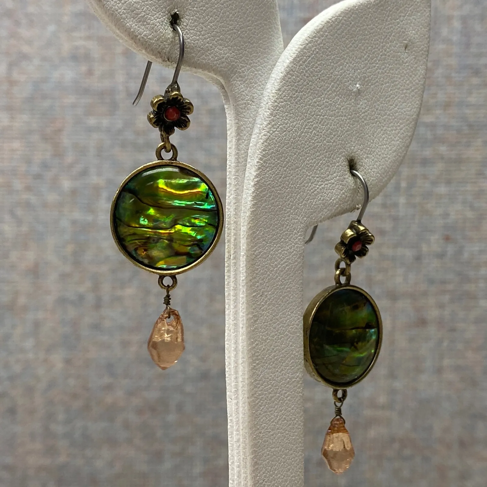 Handmade Abalone Shell Teardrop Hook Earrings in Antique Brass Tone Boho Chic Green - Image 2