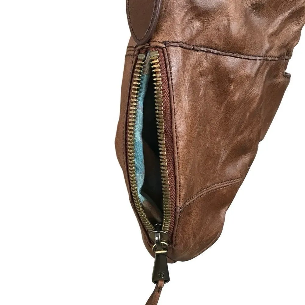 Hobo International Brand Camel Leather Shoulder Bag with Blue Floral Liner Brown - Image 8