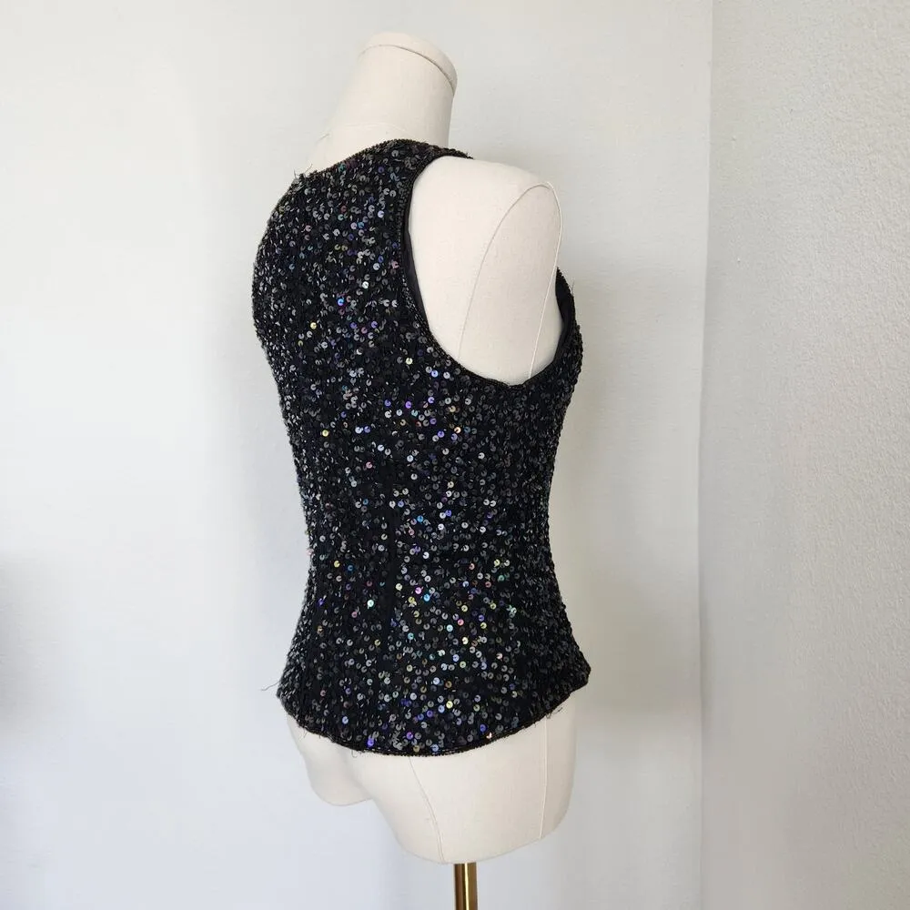 Vintage Lawrence Kazar Black Iridescant Sequin Silk Embroidered Blouse S - Image 8