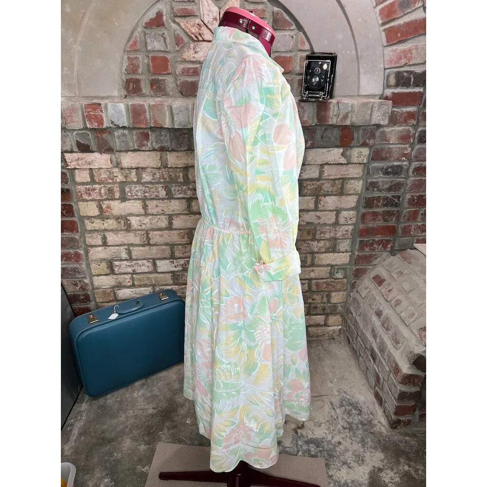 shirt dress pastel puff sleeve shoulder pads cotagecore pink green yellow Size 8 - Image 7