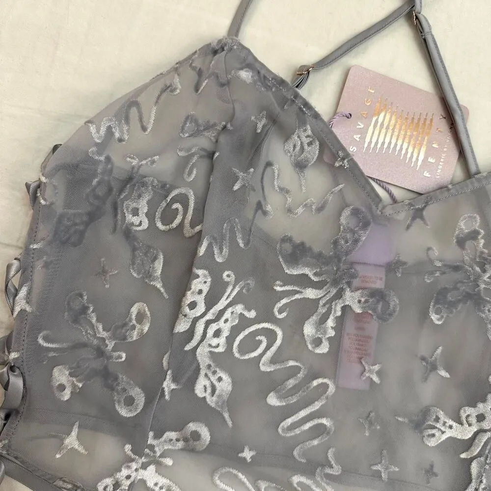 NWT Savage X Fenty Devore Dreams Silver Velvet Sleep Cami Lace Up Sides Sz L Size L - Image 2