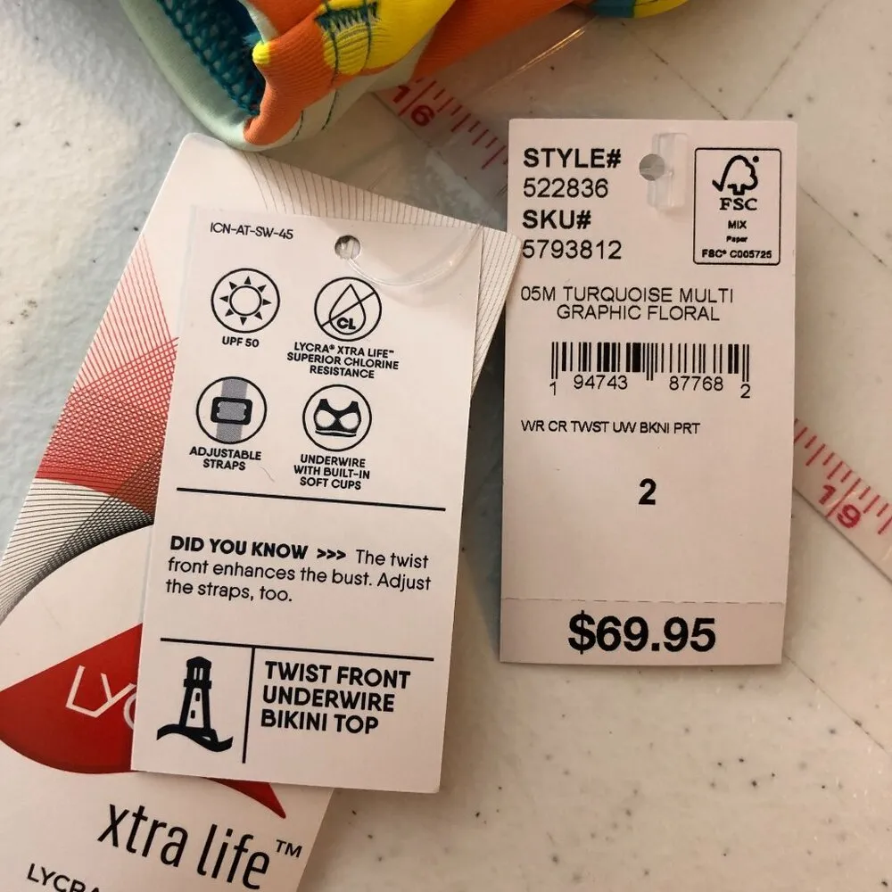 Lands End Chlorine Resist Twist Front Underwire Bikini Swimsuit Top Colorful 2 - Image 3