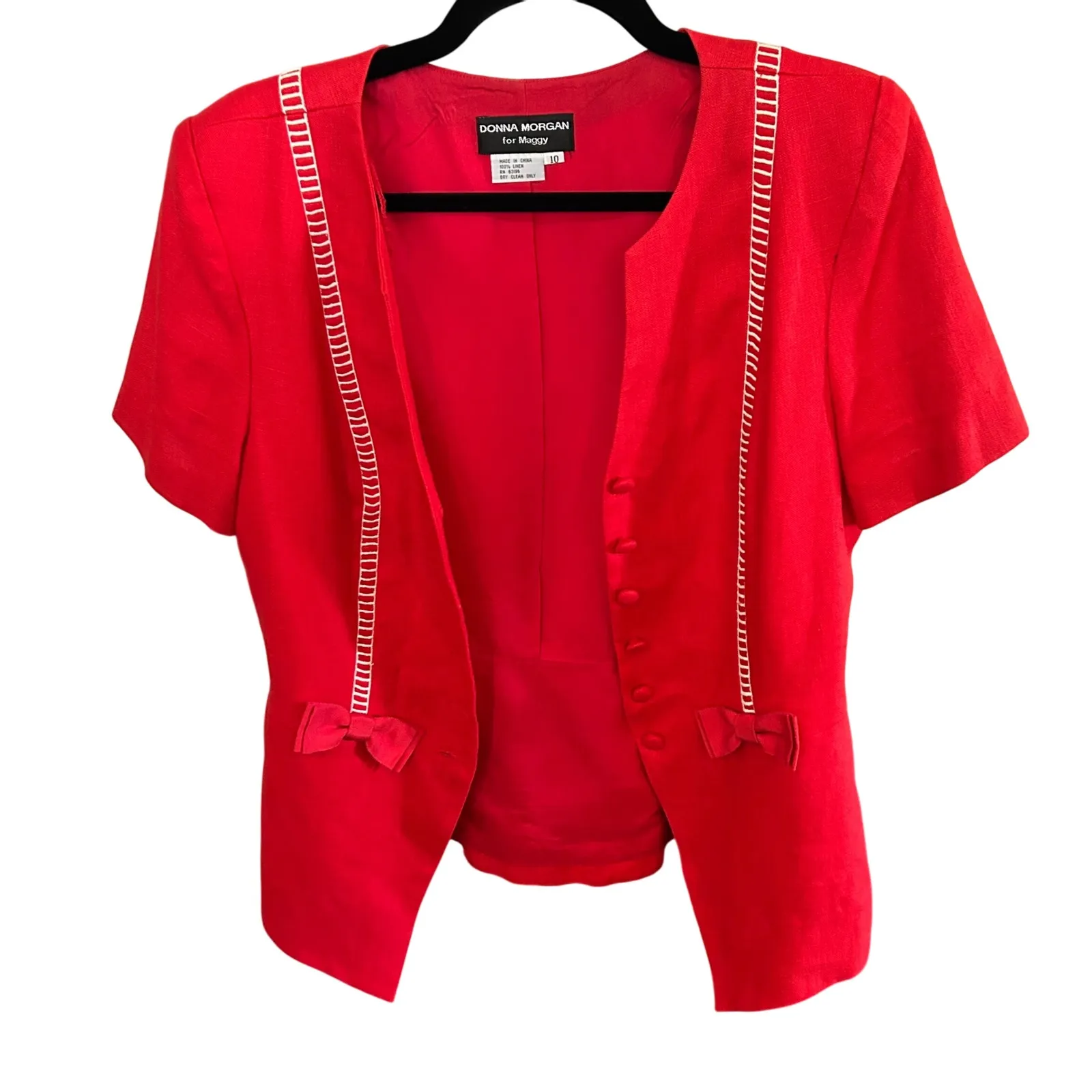 Donna Morgan Blazer Skirt Set Red Bow Trim Short Sleeve Suit Size 10 - Image 1