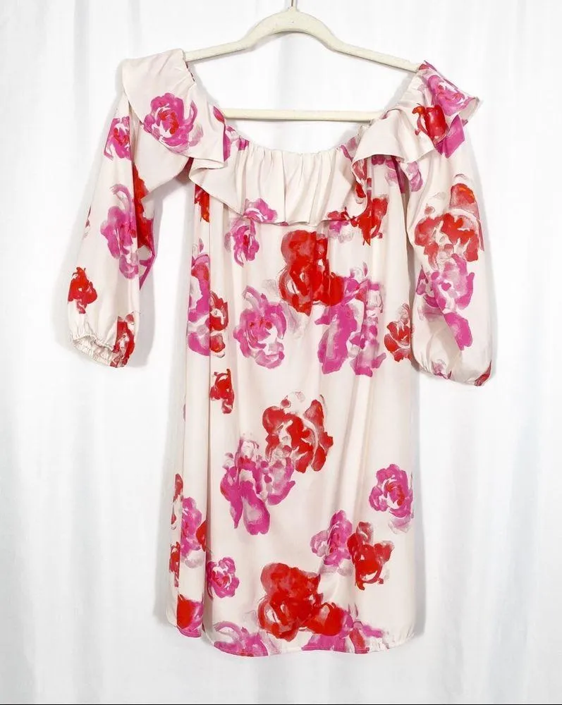 Amanda Uprichard Off The Shoulder Floral Ruffle Delilah Shift Dress: Pink/Red - Image 3