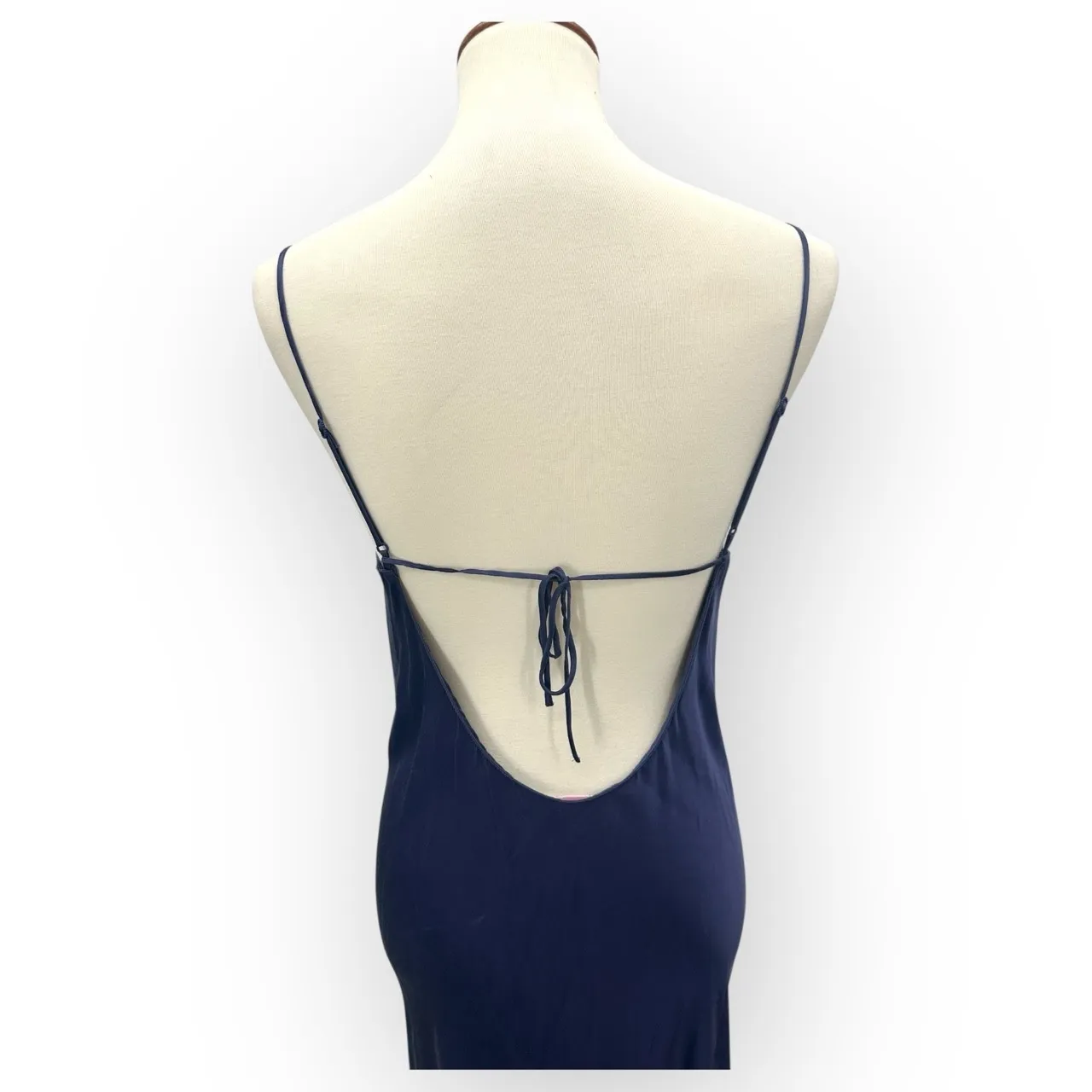 Vintage Victoria's Secret 90's Navy Blue Cowl Neck Spaghetti Silk Slip Dress - Image 8