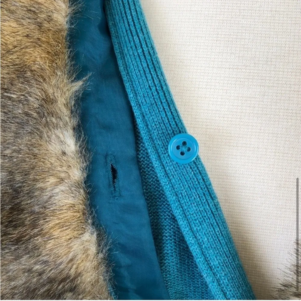 CABI Teal Tearoom Knit Cardigan Sweater Removable Faux Fur Collar Size Medium - Image 12