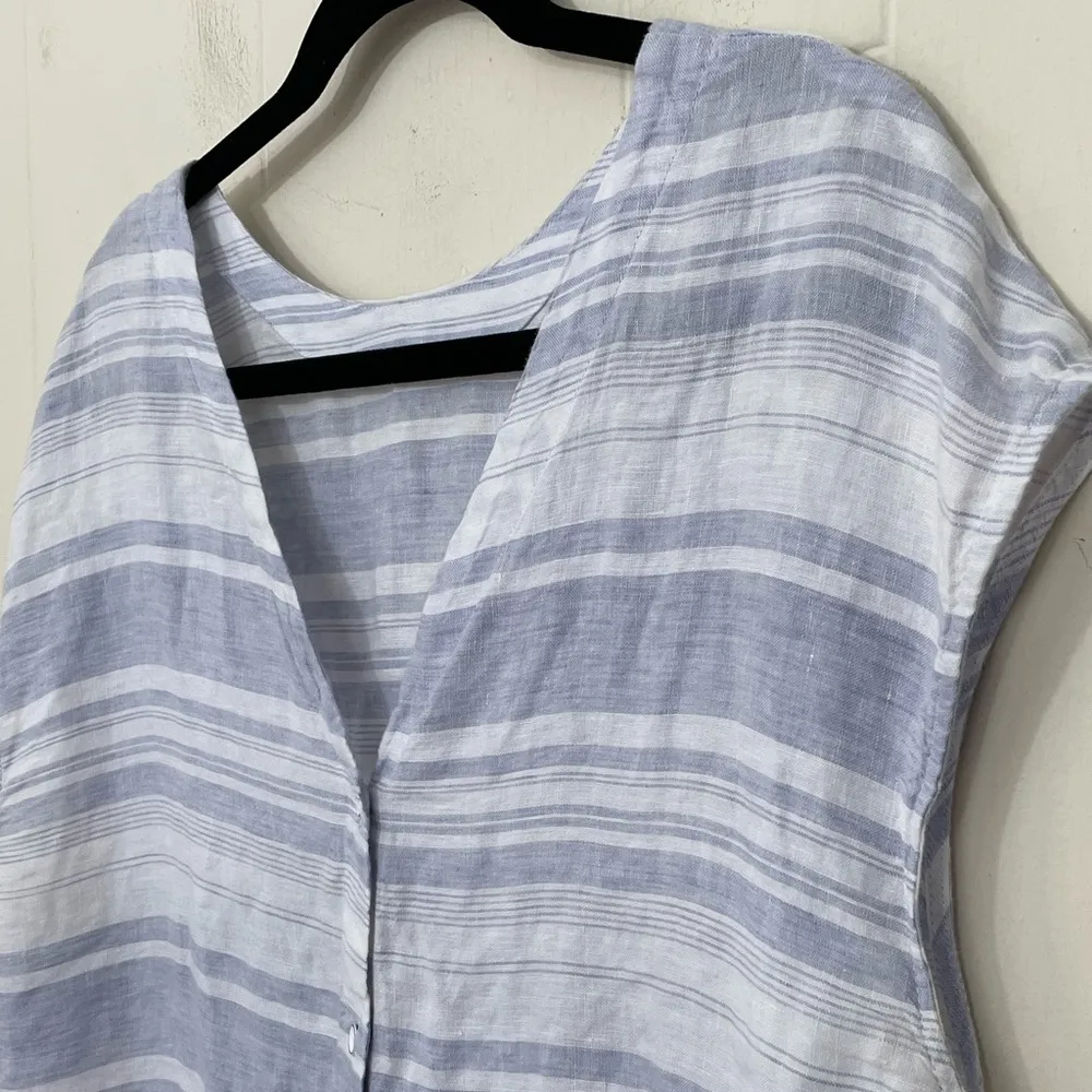 Linen Striped Blouse Tunic Blue White Coastal Button Detail In Back ~ Size XL - Image 7