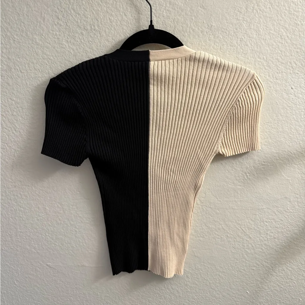 STAUD Cargo Short Sleeve Colorblock Ribbed Knit Sweater Size S Fall Layers Black - Image 6