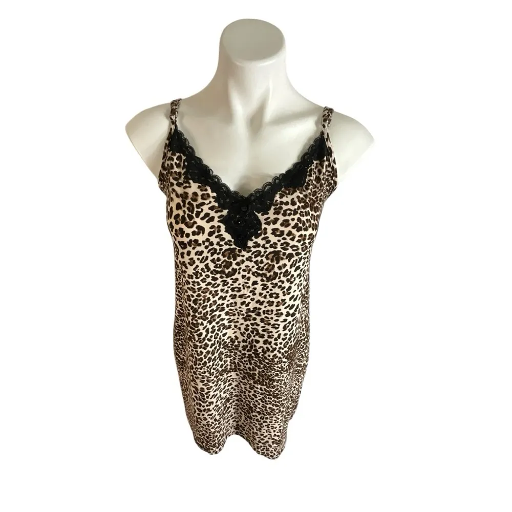 Leopard Print Lace Trim Mini Sleep Chemise Brown Size M - Image 4
