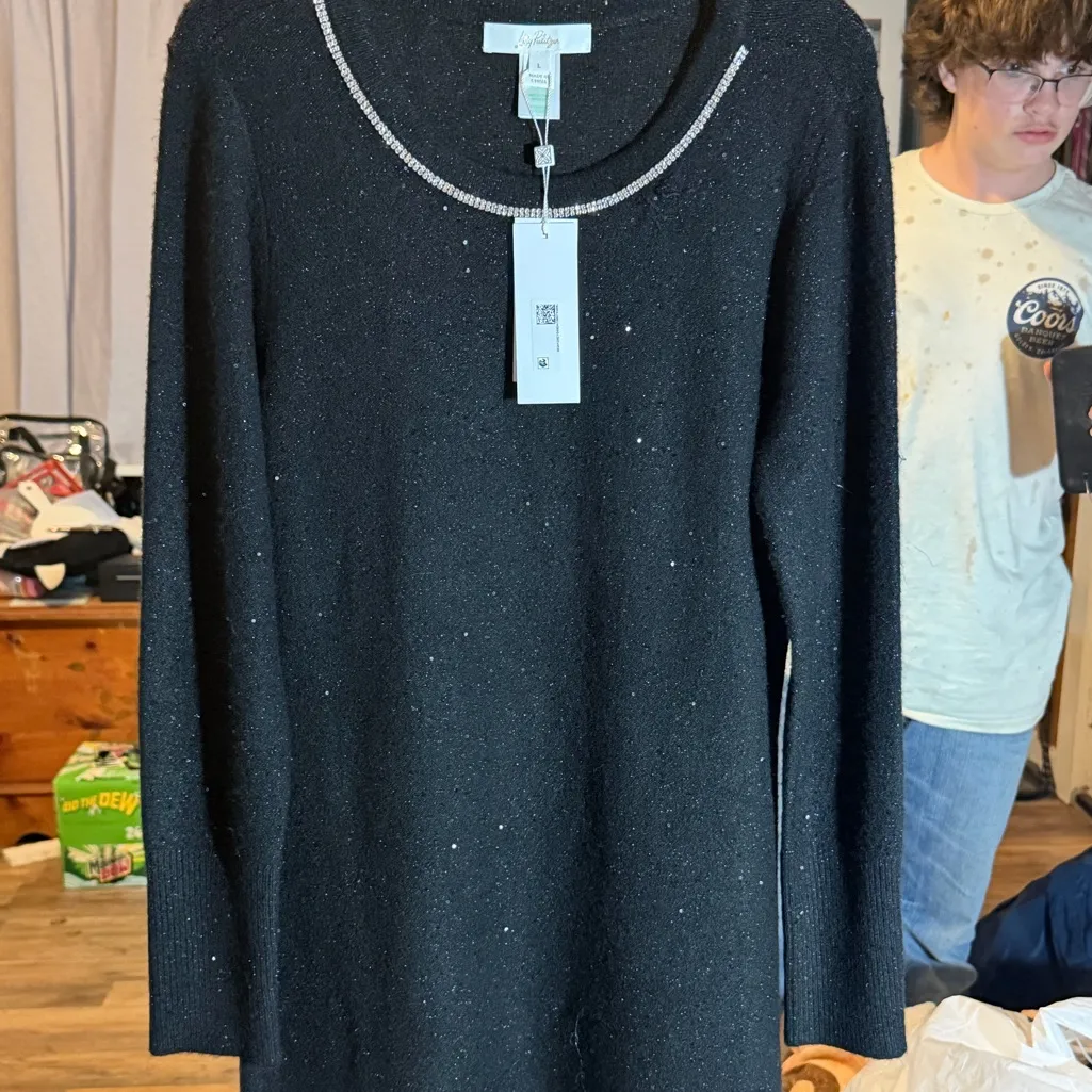 Lily Pulitzer Morgan sequined Black metallic Sweater Dress with Silver Accents L - Image 7
