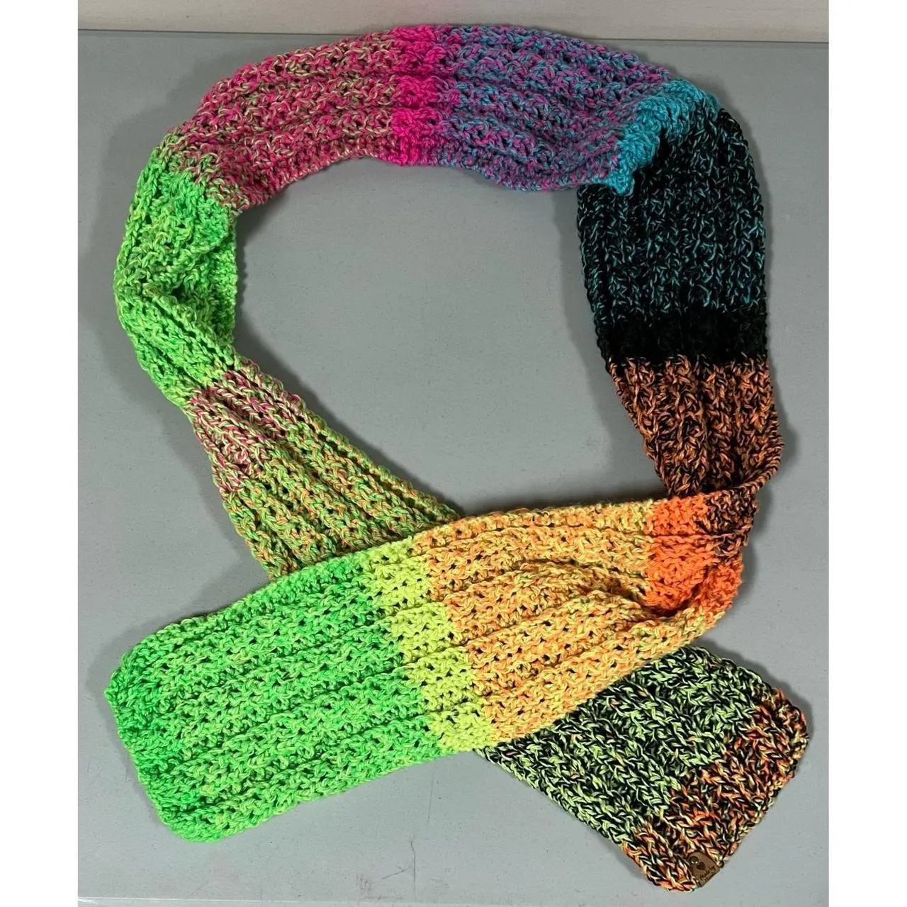 Handmade Green Multicolored Neon Striped  Knit Knitted Oversized Winter Scarf Shawl Wrap 💚🩷 - Image 2