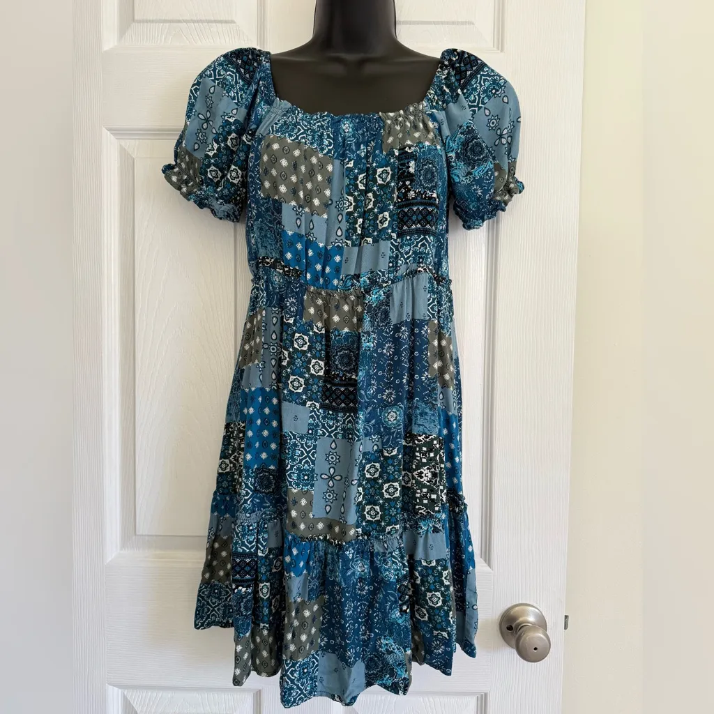 Rewind Paisley Babydoll Mini Dress Size M Teal Navy Cowgirl Western Boho Holiday - Image 8