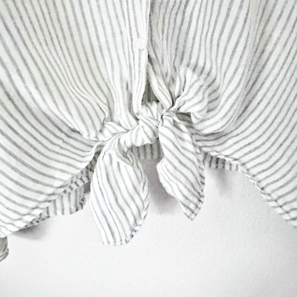 H&M | White Khaki Green Stripe Tie Waist Linen Blouse Top Button Down | Size XXL - Image 6