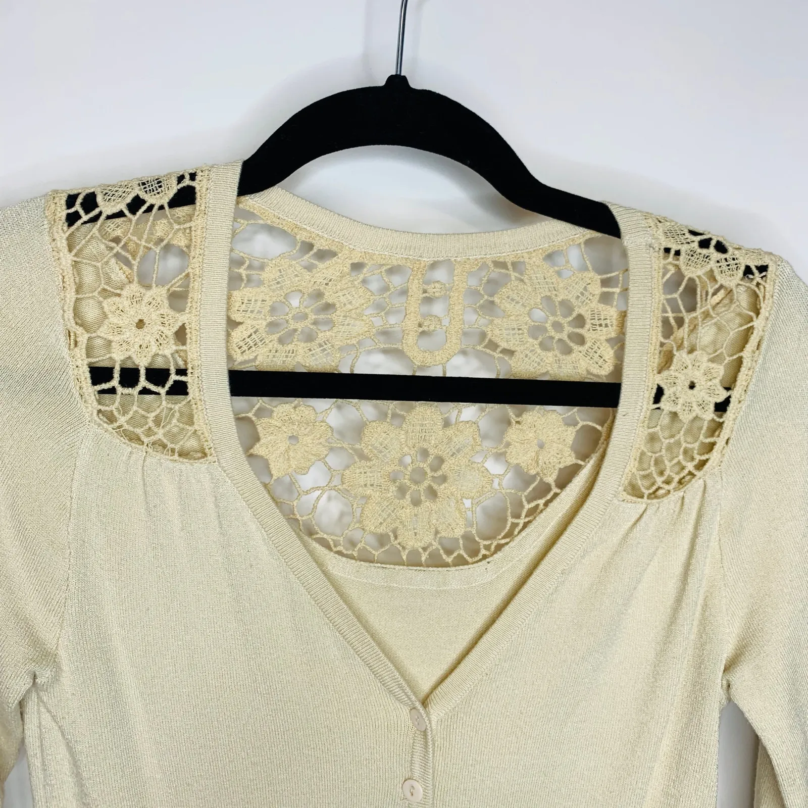 Beige Lace Cutouts Fitted Cardigan Y2K Sz Small - Image 7