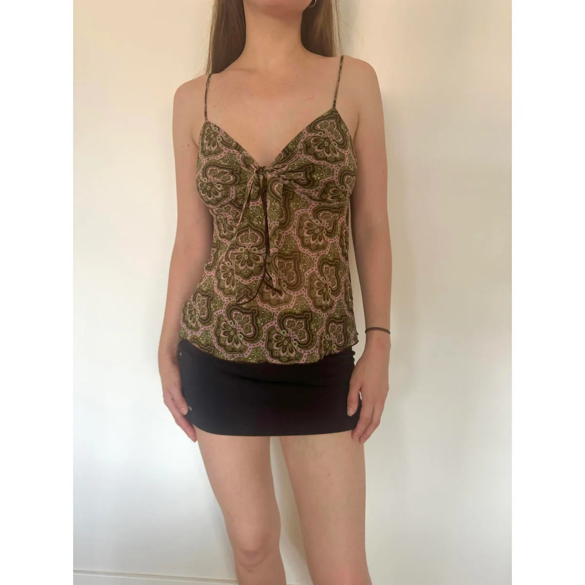 Olive Floral Paisley Mesh Overlay Cami Top Green - Image 6