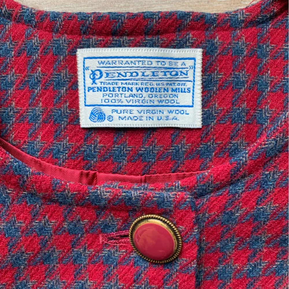 Pendleton Red and Blue Houndstooth Virgin Wool Button Up Cropped Blazer 18W - Image 3