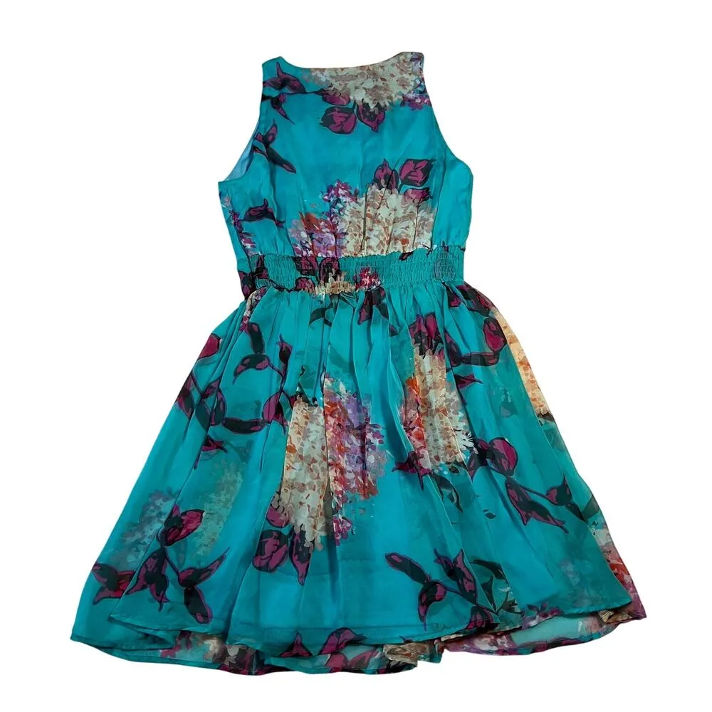 Women's Sleeveless Crewneck Floral Print Fit and Flare Mini Dress Size XS Boho Blue - Image 2
