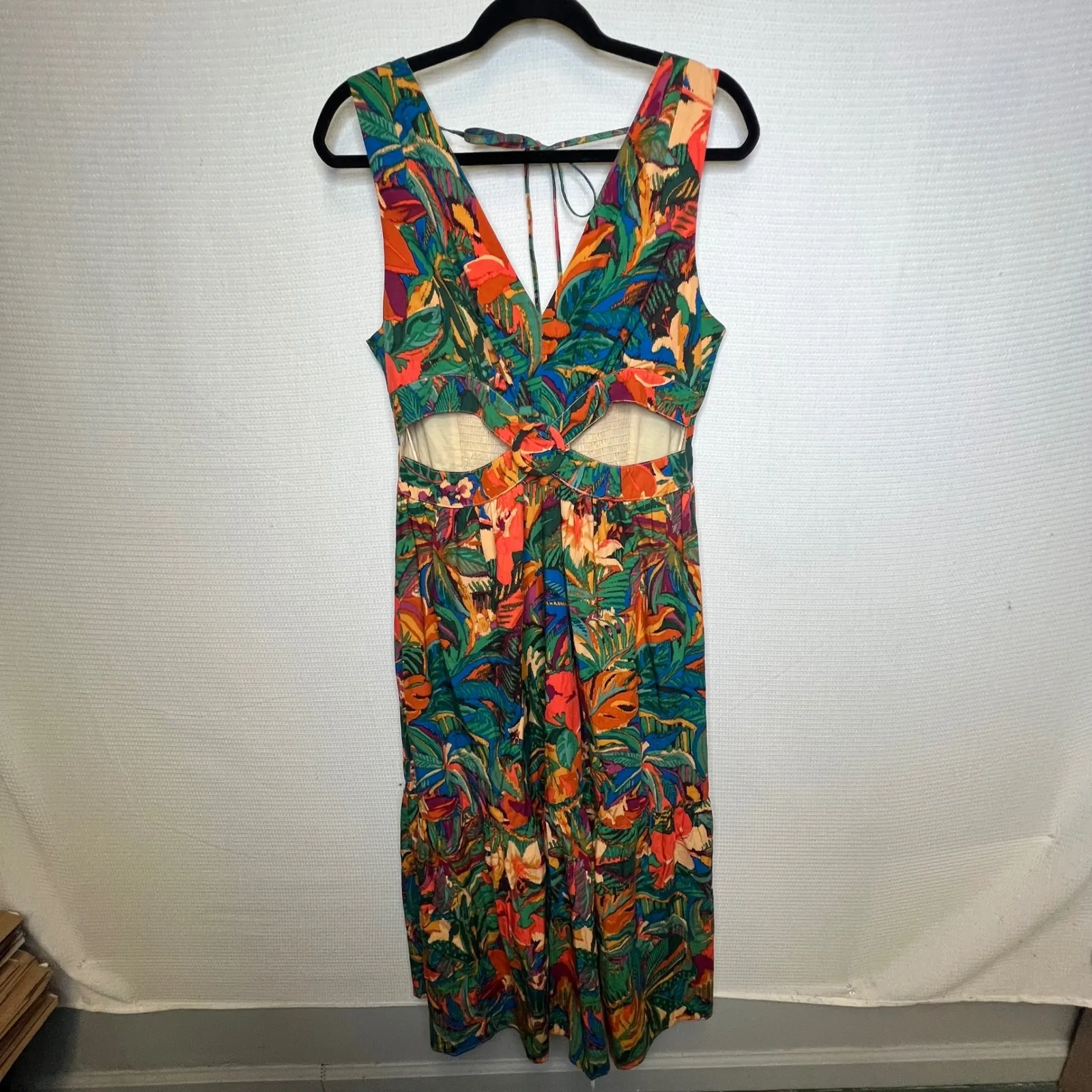 Dress Forum Tropical Floral Cutout Maxi Dress Tie Back Smocked Waist Size L - Image 5