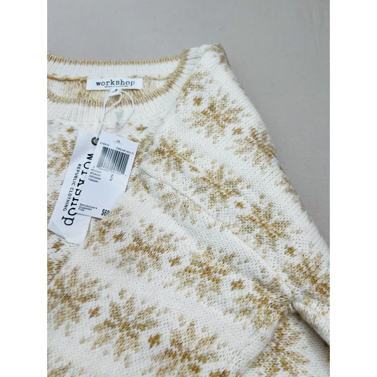 NWT Workshop Republic Clothing Womens Sweater Size S Fair Isle Cream Gold Cozy - Image 6