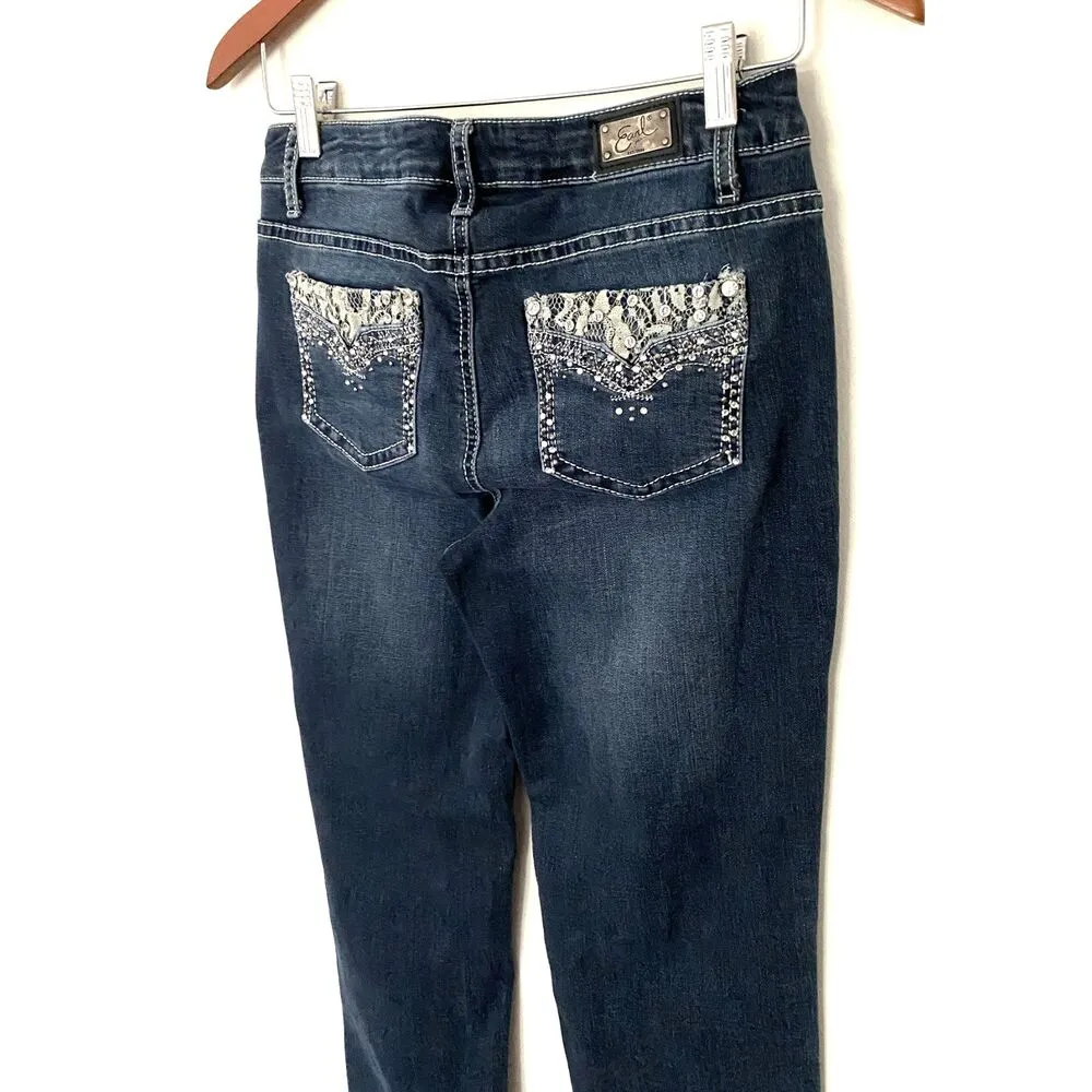 Earl Jeans VTG Y2K Rhinestone Lace Straight Leg Low Rise Stretchy Blue Jeans 6 - Image 4