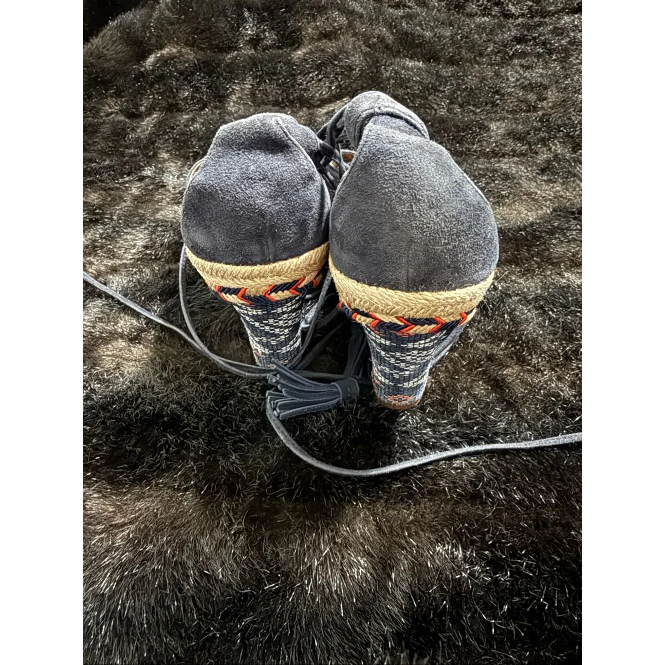 Cabi 6001 Navy Blue Suede Isla Tassel Ankle Tie Espadrille Wedges Size 7 - Image 4