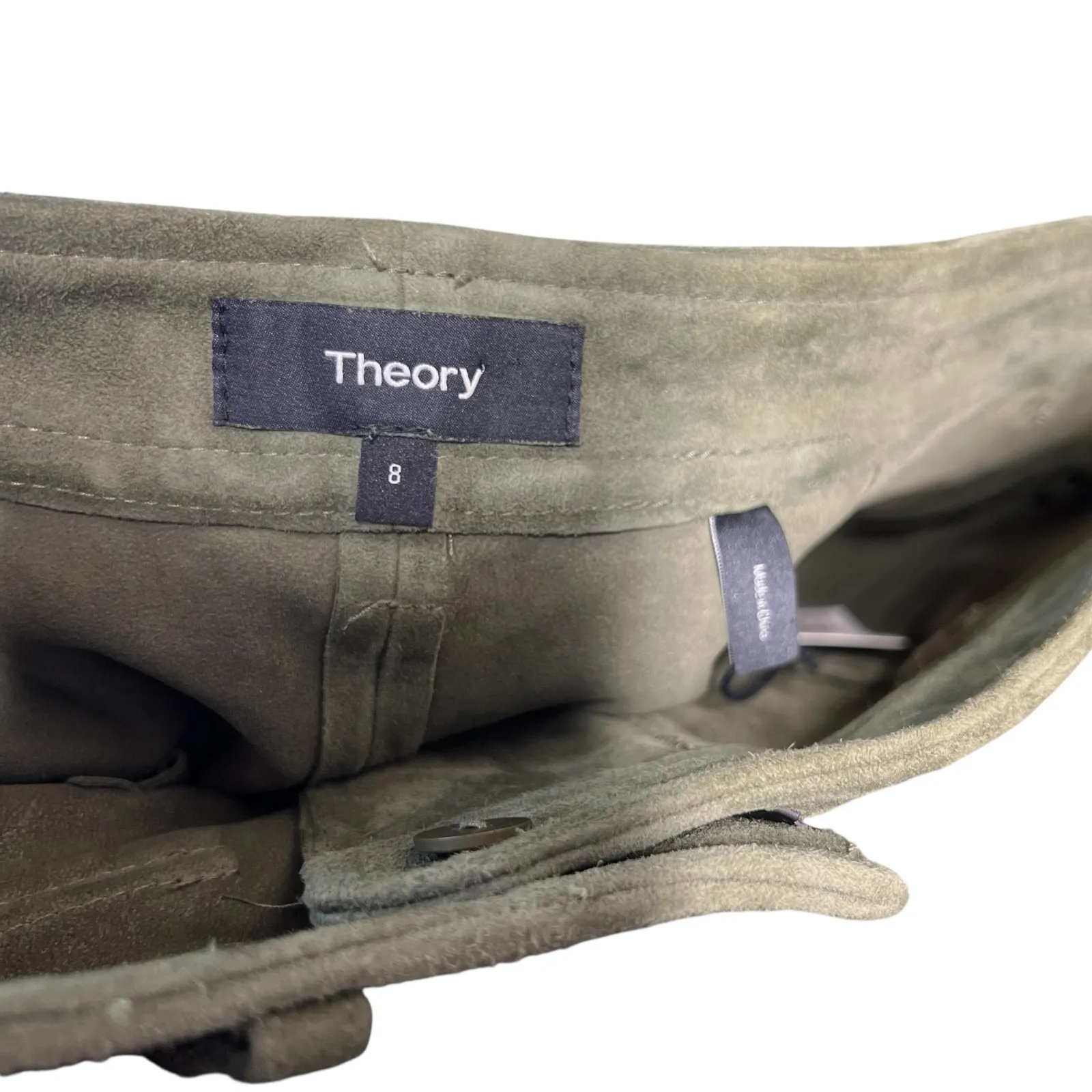 Theory Lupah Suede Mini‎ Skirt Goat Leather Army Green Size 8 - Image 9