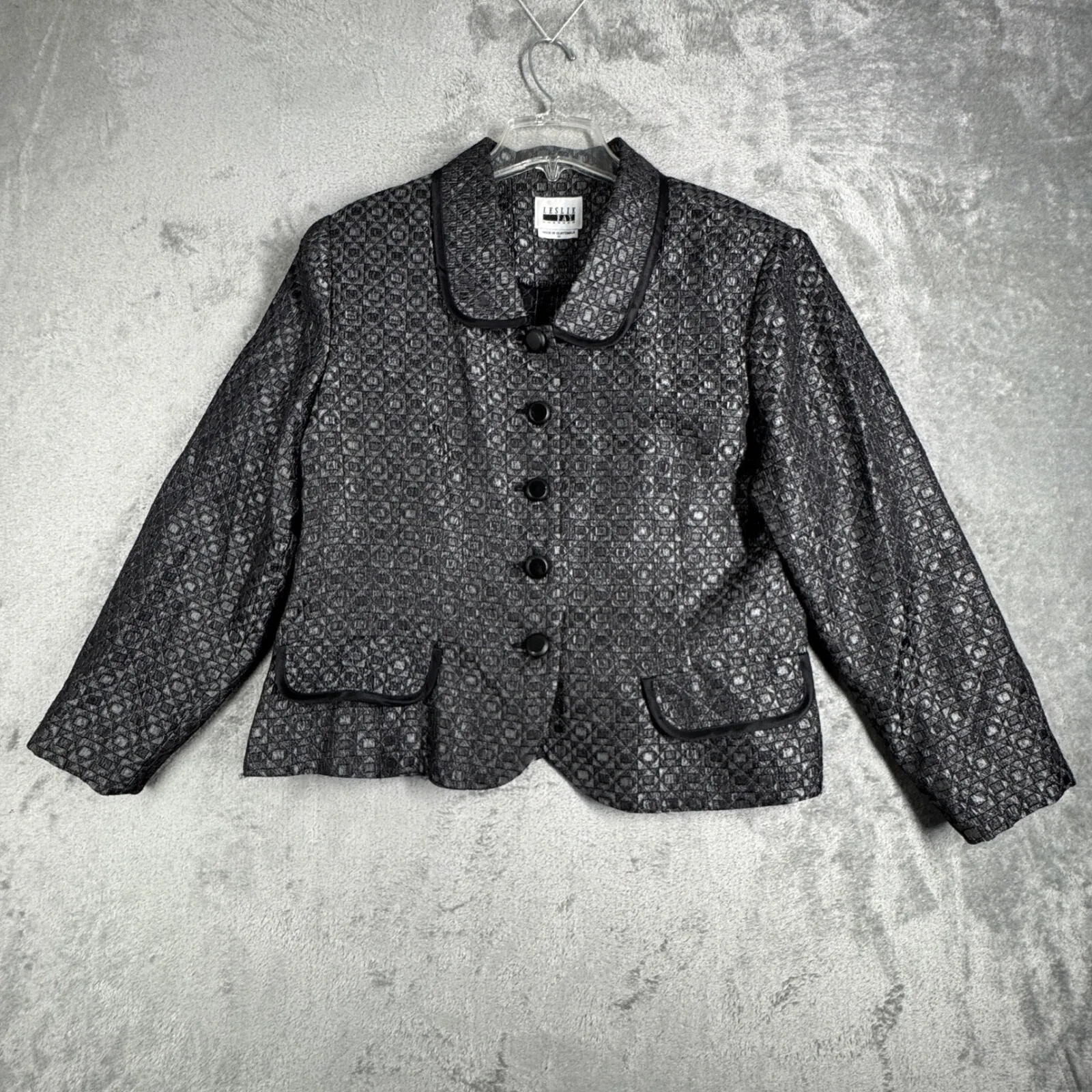 Leslie Fay Blazer Womens 16 Black Metallic Jacquard Vintage 80s 90s Evening - Image 2