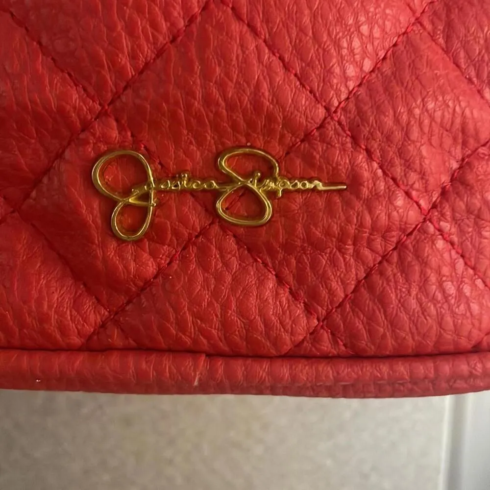Jessica Simpson Tomato Red Quilted Bucket Bag Purse Adjustable Strap Statement - Image 3