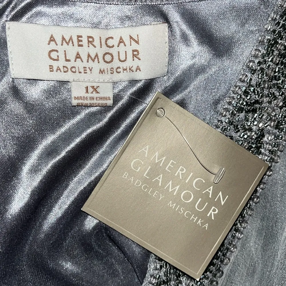 American Glamour Badgley Mischka NWT 1X Gray Embellished Blouse Top w Tie Belt - Image 5