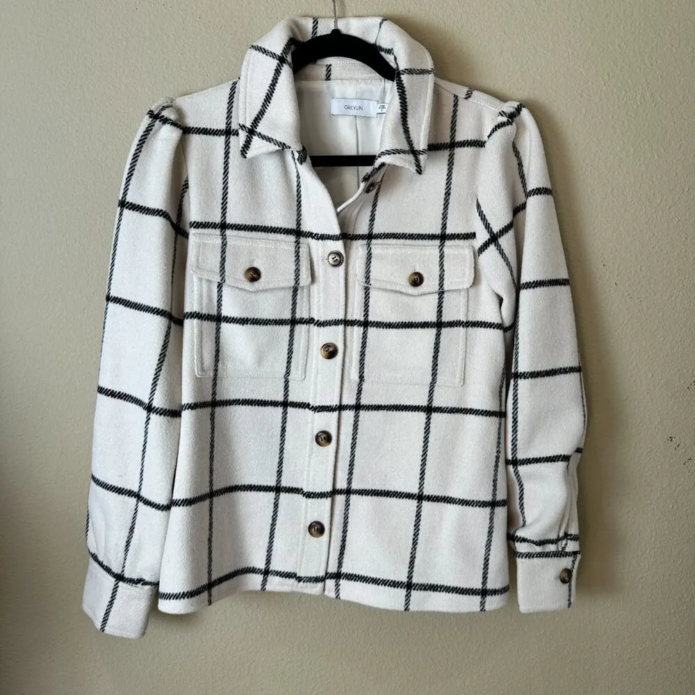 GREYLIN Cream Black Plaid Shacket Shirt Jacket Size Large Lined - Image 6