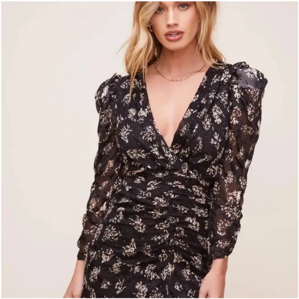 New ASTR Maven Black Floral Long Sleeve Midi Dress Small Thigh Slit Puff Sleeve - Image 7